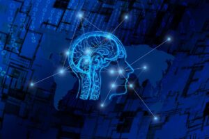 Digital depiction of brain with computer interface