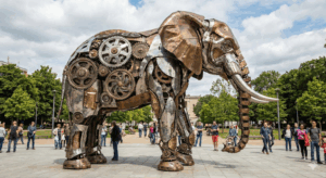 AI-generated image of an elephant sculpture made of different materials